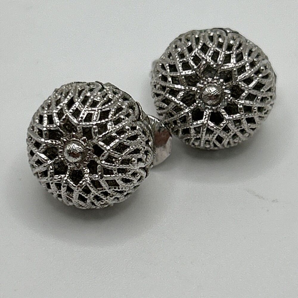 Vintage Monet White Enamel Filigree Clip-On Earrings Silver Tone